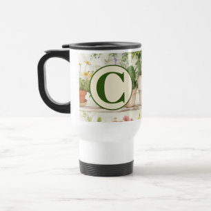 White Flower Garden Plants Watercolor Monogram Travel Mug
