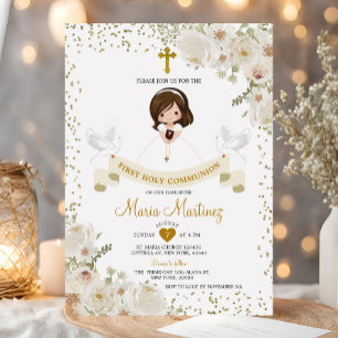 White Flower Girl 1st Holy Communion Gold Glitter Invitation