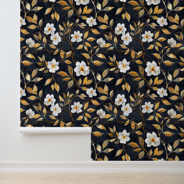 White flower Gold Leaf on Black Wallpaper (Application)