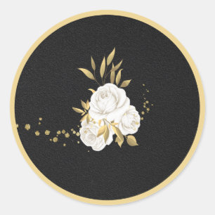 white flower gold leaves black classic round sticker
