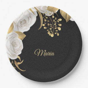white flower gold leaves black paper plate
