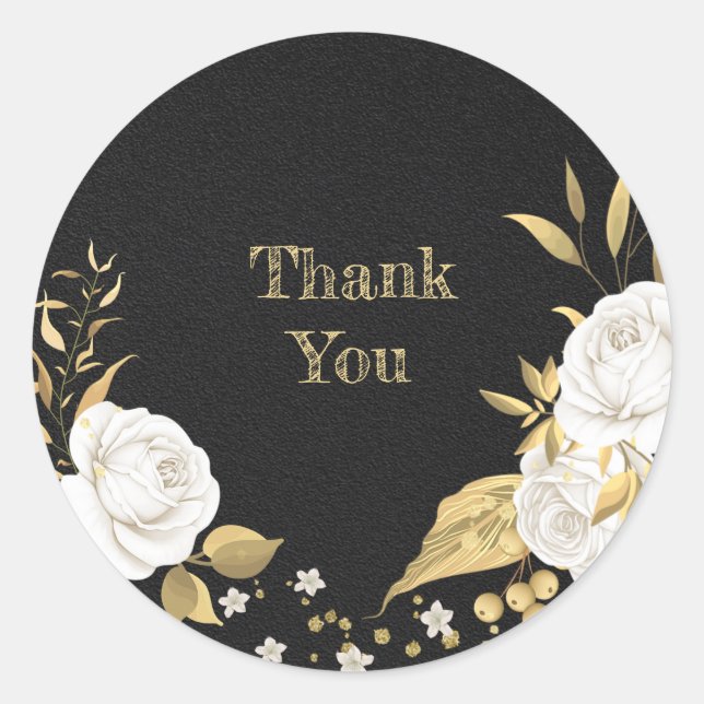 white flower gold leaves black  square sticker (Front)