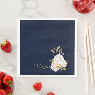 white flower gold leaves navy blue napkin