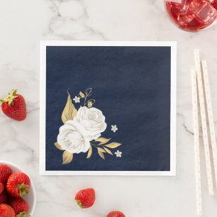 white flower gold leaves navy blue napkin