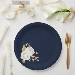 white flower gold leaves navy blue paper plate