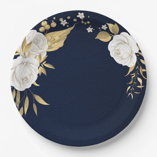 white flower gold leaves navy blue paper plate (Front)