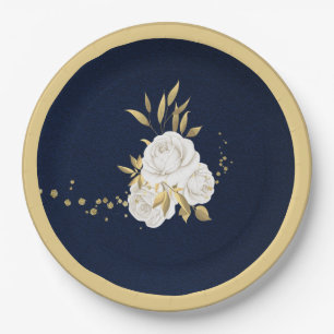 white flower gold leaves navy blue paper plate