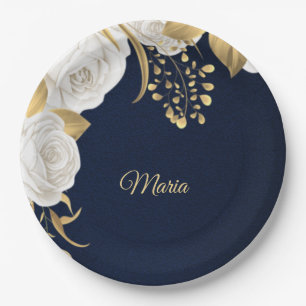 white flower gold leaves navy blue paper plate
