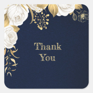 white flower gold leaves navy blue square sticker
