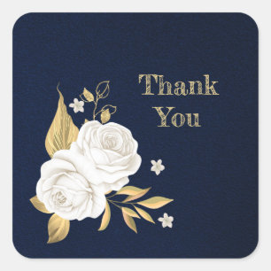 white flower gold leaves navy blue square sticker