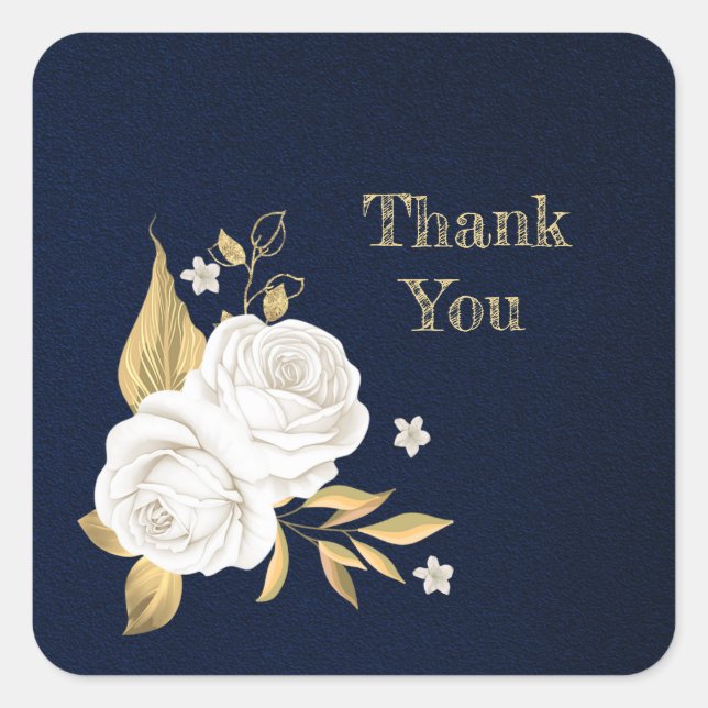 white flower gold leaves navy blue square sticker (Front)