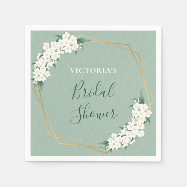 White Flower Green Clouds Pattern Bridal Shower Napkin (Front)