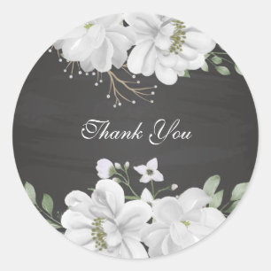 white flower green leaves black classic round sticker