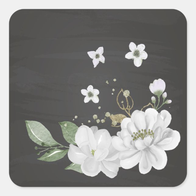 white flower green leaves black square sticker (Front)
