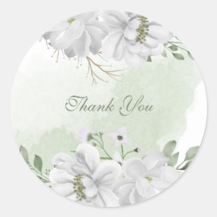 white flower green leaves classic round sticker