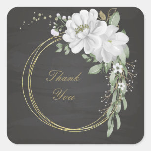 white flower green leaves gold wreath black square sticker