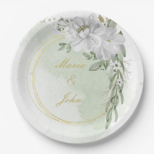 white flower green leaves gold wreath sage green paper plate