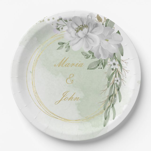 white flower green leaves gold wreath sage green paper plate (Front)