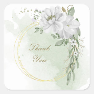 white flower green leaves gold wreath square sticker