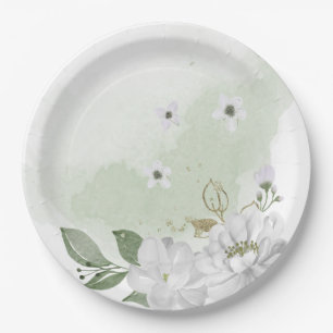 white flower green leaves sage green paper plate