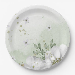 white flower green leaves sage green paper plate