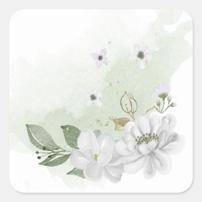 white flower green leaves square sticker (Front)
