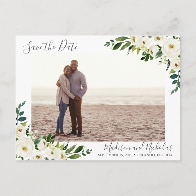 White Flower & Green Photo Save the Date Postcards (Front)