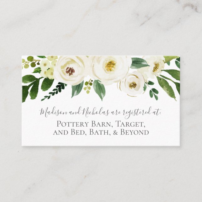 White Flower Green Wedding Registry Insert Cards (Front)