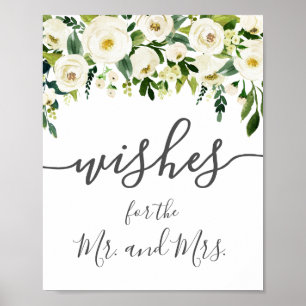 White Flower Green Wedding Wishes Sign Poster