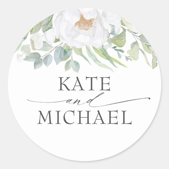 White Flower Greenery Elegant Summer Wedding Classic Round Sticker (Front)
