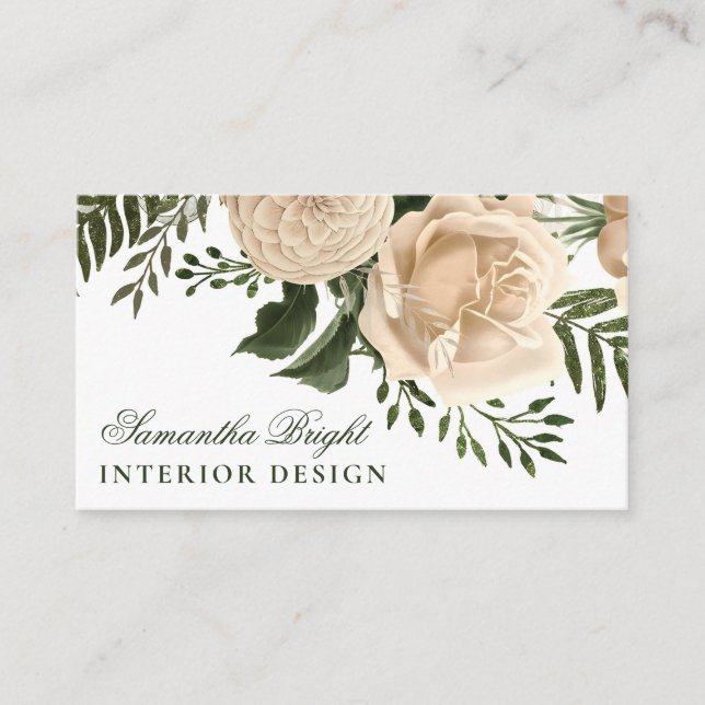 White Flower Greenery Leaves Business Card (Front)
