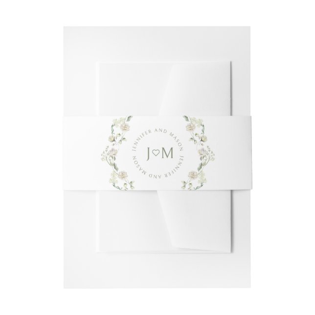 White Flower Greenery Monogram Wedding Belly Band Invitation Belly Band (Front Example)