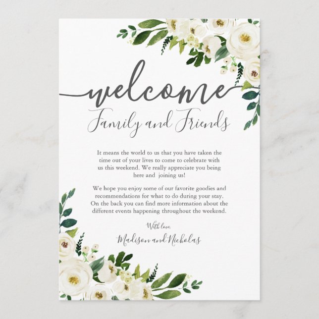White Flower Greenery Wedding Hotel Welcome Cards (Front)