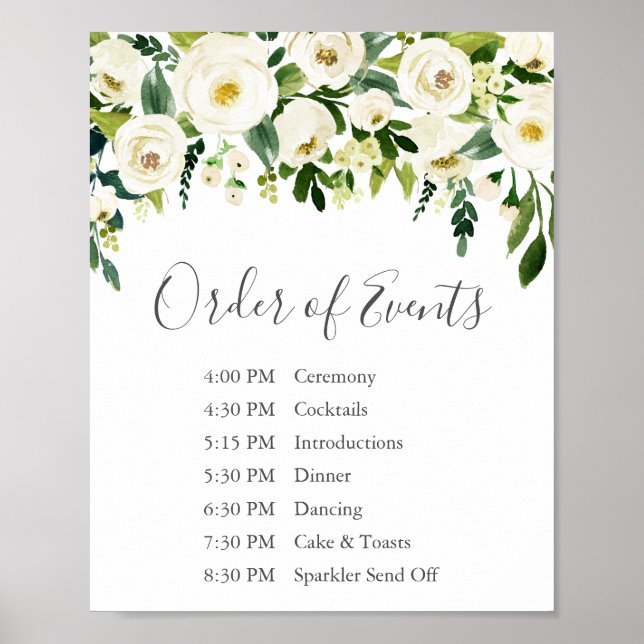 White Flower Greenery Wedding Order of Events Sign (Front)