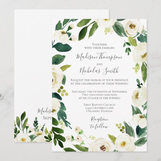 White Flower Greenery Wreath Wedding Invitation (Front/Back)