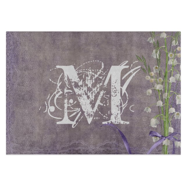 White Flower Lace Monogram Glass Cutting Board (Front)