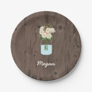 White Flower Mason Jar on Dark Wood Paper Plate