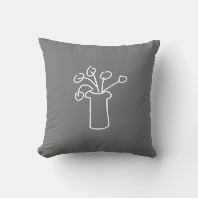 White flower modern simple outline art on grey cushion (Front)