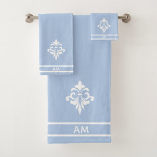 White Flower, Monogram and Stripes on Light Blue Bath Towel Set