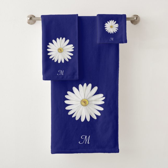 White Flower & Monogram on Navy Blue Bath Towel Set (Insitu)