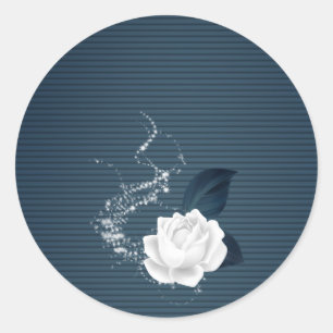 white flower & navy leaves classic round sticker