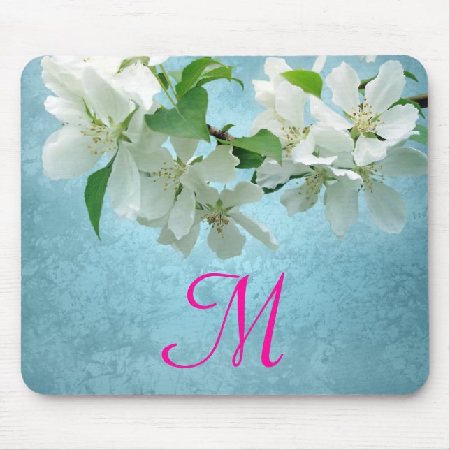 White Flower on Blue Monogram Initial Mouse Pad (Front)
