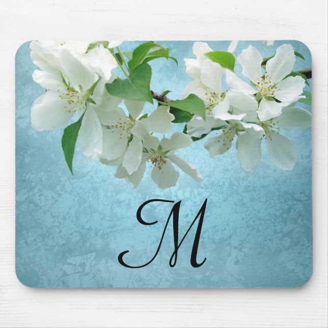 White Flower on Blue Monogram Initial Mouse Pad (Front)