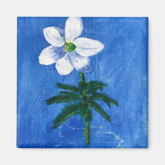 white flower on blue painting magnet (Front)