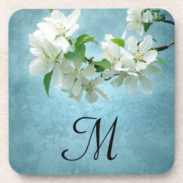 White Flower on Blue Sky Monogram Drink Coaster (Front)