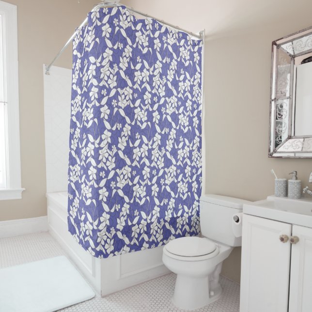 White Flower on Periwinkle Shower Curtain (In Situ)