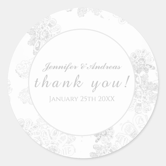 White Flower on White Wedding Thank you! Classic Round Sticker (Front)