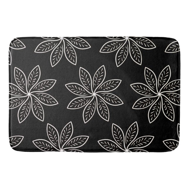 White Flower Pattern on Black  Bath Mat (Front)