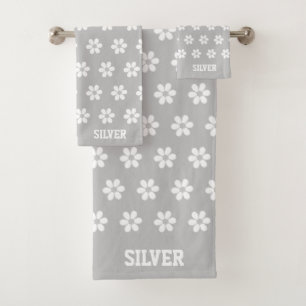 White Flower Pattern on Light Grey Personalised Bath Towel Set