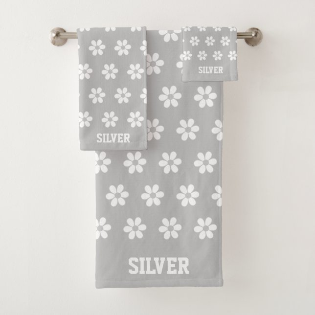 White Flower Pattern on Light Grey Personalised Bath Towel Set (Insitu)